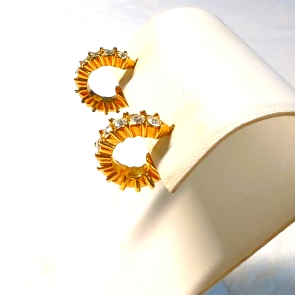Vintage Small Goldtone and Clear Rhinestone Half Hoop Pierced Earrings - Picture 2 of 6
